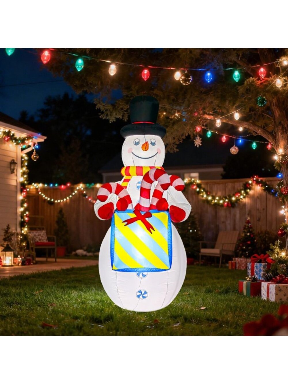 8Ft Inflatable Snowman Holiday Decor with LED Lights, Gift Box & Candy Canes